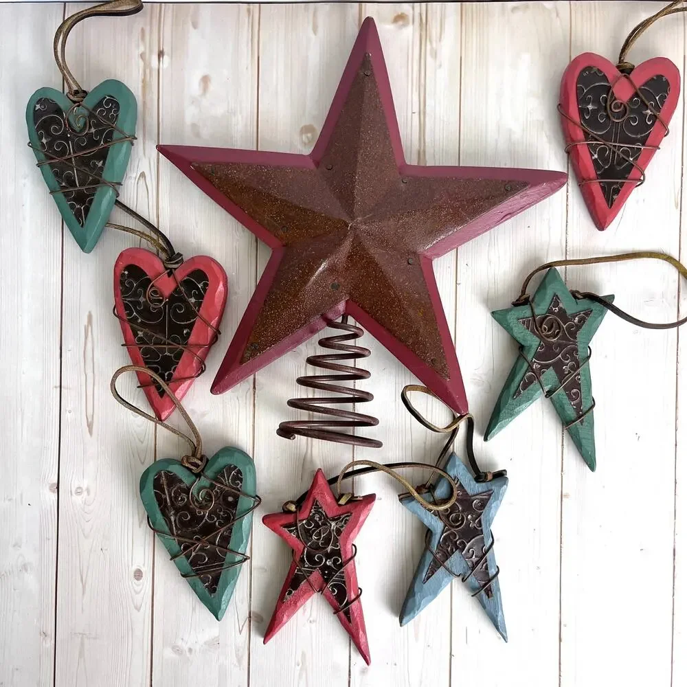 Rustic Western Wooden, Wire, Metal Leather Star & Hearts Ornaments & Tree Topper
